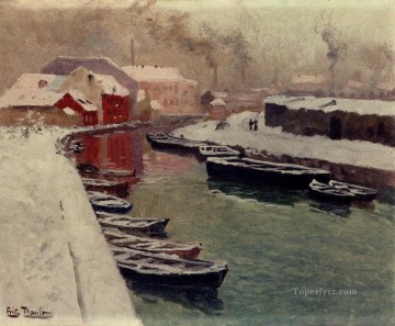 Frits Thaulow Painting - A Snowy Harbo Norwegian Frits Thaulow